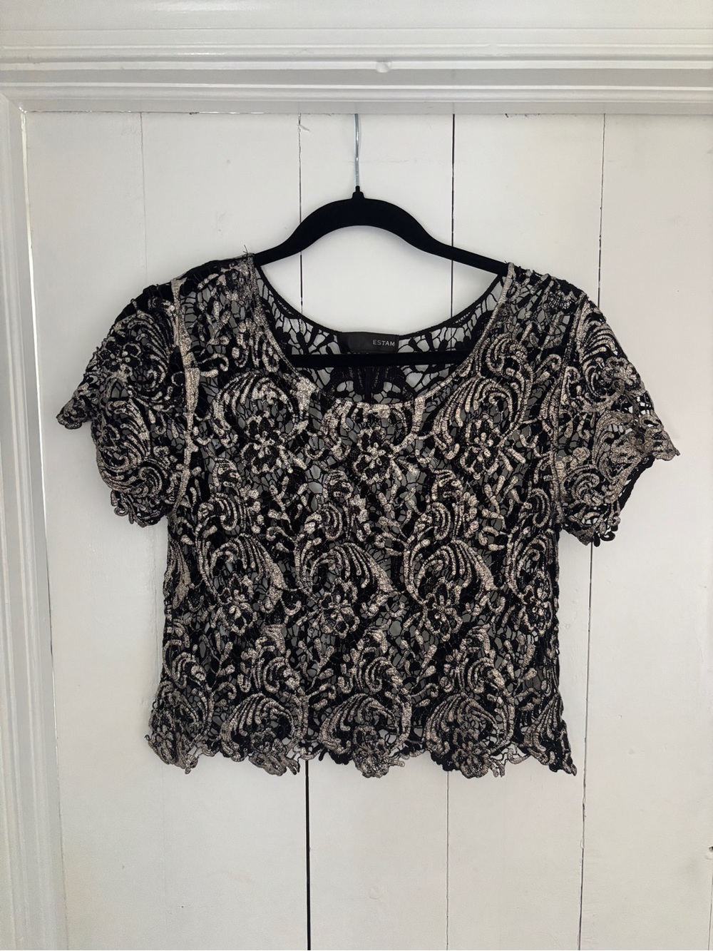 Estam Black and Gold Metallic Lace Short Sleeve Top Size Small